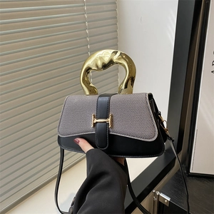 Borsa a Tracolla Patchwork da Donna con Manico in Metallo Oro e Fibbia a H in Pelle Sintetica e Tessuto Borsa Quadrata