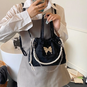 Fashionable black satin butterfly backpack with pearl chain and drawstring closure