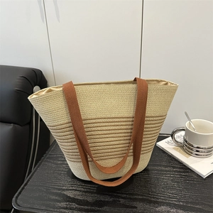 Women Large Capacity Straw Woven Tote Bag Striped Retro Shoulder Bag Summer Beach Vacation Literary Casual Underarm Handbag