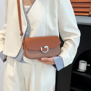 Classic caramel brown and twill fabric shoulder bag with metallic D-ring buckle