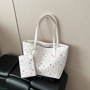 Borsa Tote in Pelle PU con Stampa Floreale e Fiocco da Donna Borsa Principale con Pochette Coordinata Grande Capacità
