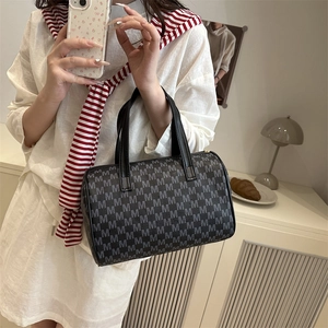 Deep grey Boston bag with M-letter pattern and leather handles for casual commute