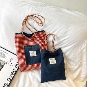 American Retro Checkered Denim Tote Bag Large Capacity Casual Shoulder Bag Versatile Patchwork Polyester Handbag For Women