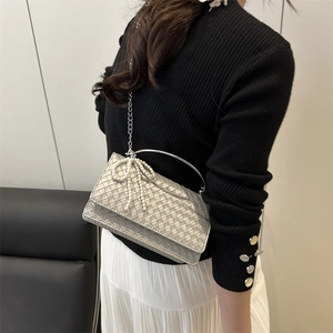 Silver woven crossbody bag with pearl bow and round metal handle shown on model