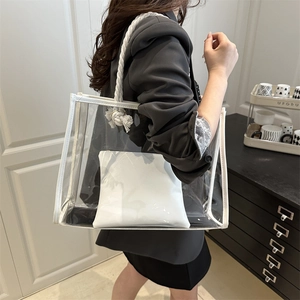 Summer transparent PVC tote bag with white inner pouch and cotton rope handles