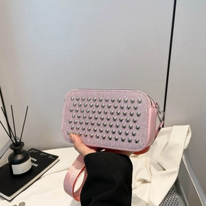 Women Chic Niche Design PU Leather Small Square Bag With Metal Rivet Sequin Decoration Wide Adjustable Strap Crossbody Camera Bag