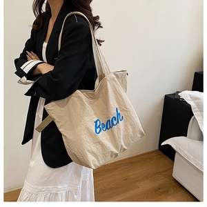 Dettaglio borsa tote in tela beige con scritta Beach blu e tracolla in cotone