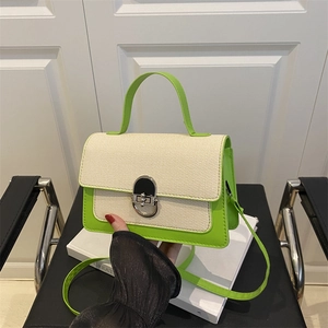 Fashion Color Block Crossbody Bag For Women Woven PU Leather Splicing Small Square Bag With Metal Lock Top Handle Shoulder Bag
