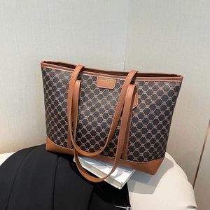 Vintage Monogram Print Large Capacity Tote Bag Women PU Leather Shoulder Underarm Handbag Travel Daily Top Handle Bag