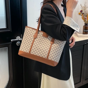 Classic retro printed tote bag in beige canvas with brown leather trim for women