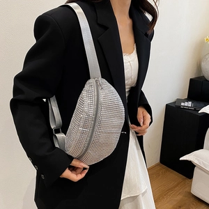 Sparkling silver rhinestone crescent crossbody bag with adjustable wide shoulder strap