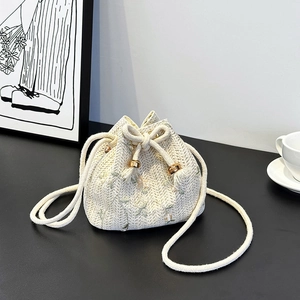 Woven Floral Embroidery Bucket Bag With Drawstring Closure Straw Crossbody Bag For Women Summer Beach Vacation Fashion Shoulder Bag