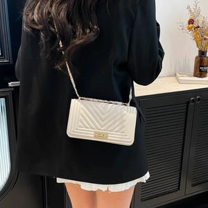Fashionable white chevron quilted square shoulder bag with chain strap for women