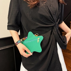 Green star-shaped faux leather clutch bag with a colorful printed webbing wrist strap