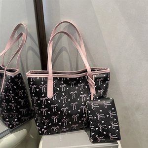 Women's PU Leather Tote Bag And Pouch Pink Bow Heart Print Large Capacity Shoulder Bag Daily Commute Sweet Style