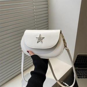 Women PU Leather Crossbody Bag Fashionable Rhinestone Star Saddle Bag Solid Color Single Shoulder Bag Elegant Travel Handbag