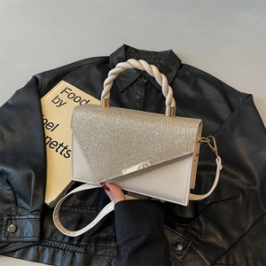 Women Fashion PU Leather Small Square Bag With Sparkling Glitter Flap And Braided Handle Elegant Crossbody Shoulder Bag