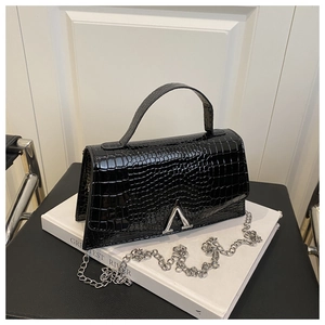 Detail of black crocodile texture handbag with silver chain strap and metal clasp