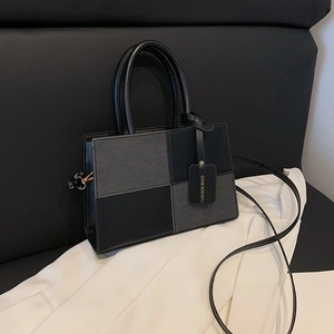 Fashion PU Leather Color Block Handbag For Women Vintage Stitching Crossbody Bag With Decorative Tag Retro Casual Shoulder Bag