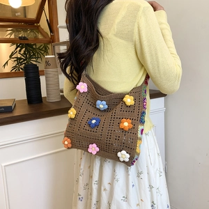 Brown crochet crossbody bag with 3D colorful flowers for bohemian summer vacation style