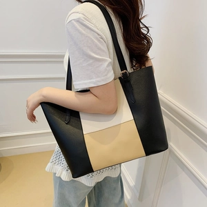 Contrast color leather tote bag for women with adjustable straps and large capacity