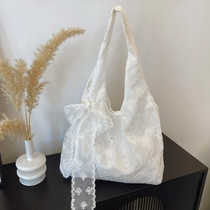 Sac Fourre-tout en Dentelle Brodée pour Femmes Sac à Épaule en Tissu Floral Élégant Avec Grand Nœud Style Coréen Doux Sac à Main