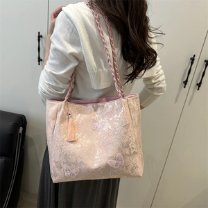 Pink Chinese style embroidery butterfly tote bag with floral lace and tassels