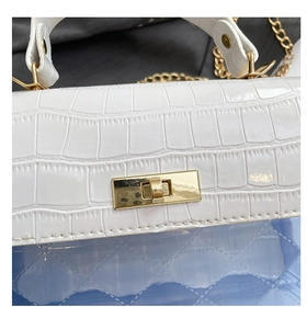 Detail of white crocodile texture leather and light blue quilted transparent bag with gold lock