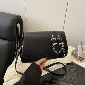 Women PU Leather Crossbody Bag Trendy Belt Buckle Decoration Flap Shoulder Bag With Silver Chain Fashion Square Handbag For Daily