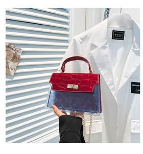Detail of red crocodile texture handle and transparent blue PVC body with gold lock