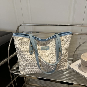 Women Large Capacity Hollow Crochet Woven Tote Bag French Retro Lace Shoulder Bag With PU Leather Handle For Casual Vacation