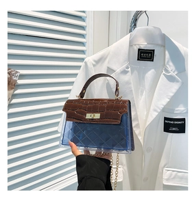 Detail of brown croc-embossed leather flap and blue quilted transparent PVC with gold lock