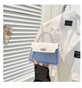 Detail of blue transparent PVC handbag with white crocodile pattern leather and gold lock