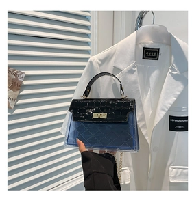 Detail of blue transparent PVC crossbody bag with crocodile texture and gold twist lock