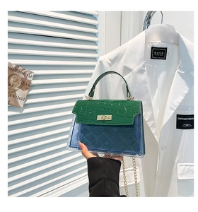 Detail of green croc-embossed flap and blue transparent PVC body with golden twist lock