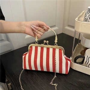 Vintage Stripe Cotton Linen Clasp Handbag With Gold Metal Handle Chain Strap Women French Retro Kiss Lock Shoulder Bag