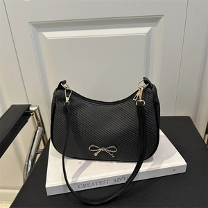 Women Fashion PU Leather Woven Texture Bow Shoulder Bag Elegant Hobo Underarm Bag Solid Color Commuting Handbag