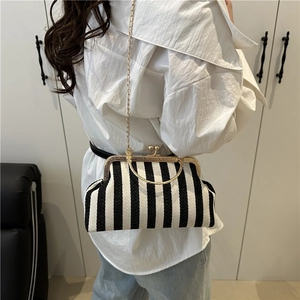 Classic striped crossbody shell bag for women with gold chain and metal frame handle