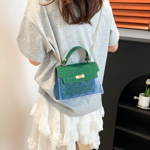 Green croc-leather and blue transparent PVC quilted handbag with gold chain strap