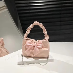 Women Sweet Bow Crossbody Bag PU Leather Ruffled Handle Chain Shoulder Bag Fashion Evening Party Tote Purse For Lady
