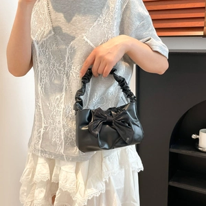 Black PU handbag with large fabric bow and trendy ruched handle with metal chain