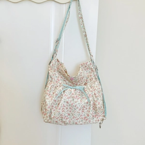 Women Sweet Floral Pattern Backpack Fresh Pastoral Style Lightweight Fabric Shoulder Bag With Checkered Bow Daily Backpack