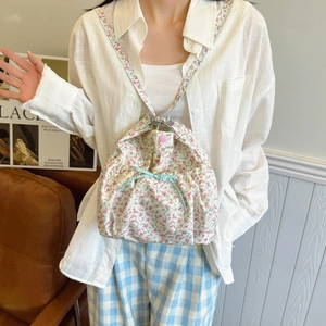 Floral canvas backpack with light blue checkered bow in a fresh Japanese pastoral style