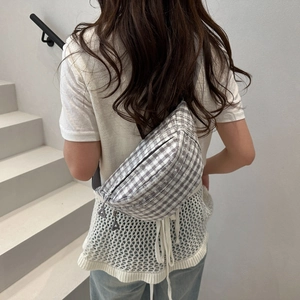 Sac de poitrine vichy gris japonais pour femmes dans un style bandoulière décontracté