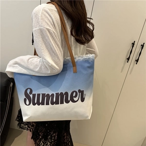 Blue and white gradient canvas tote bag with fringe edge and Summer letter print