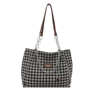 Large capacity houndstooth tote bag with silver chain and brown leather strap