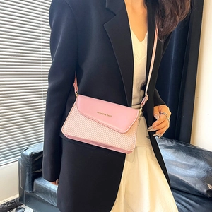 Pink crossbody square bag with woven texture and smooth leather flap for women