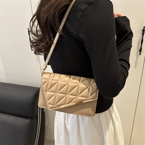 Quilted beige square crossbody bag with gold metal trim for women fashion
