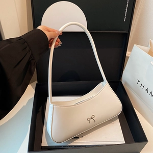 Vintage Minimalist PU Leather Shoulder Bag For Women Sweet Metal Bow Decor Baguette Underarm Bag Summer Casual Daily Handbag