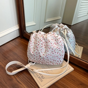 Süße Eimertasche Mit Blumendruck Leinwand Kordelzug Umhängetasche Leichte Nische Schultertasche Damen Casual Reise